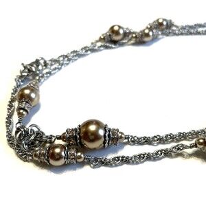 Loft Signed Beaded Silver Tone Necklace 34” Champagne Faux Pearls Glitzy Glam